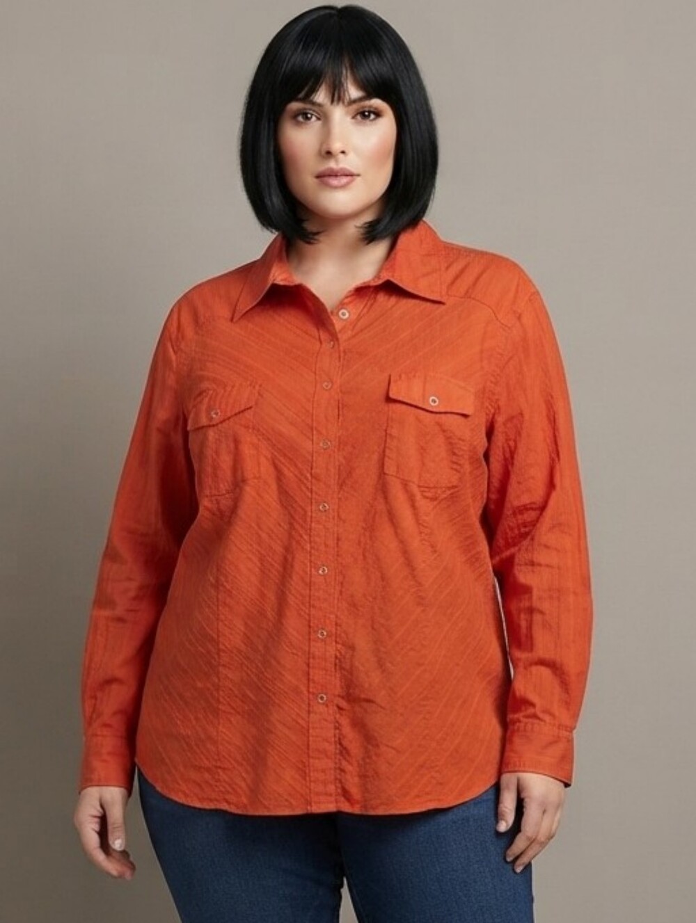 Encore Orange Button-Down Western Shirt, Plus Size  22 (1X/2X)